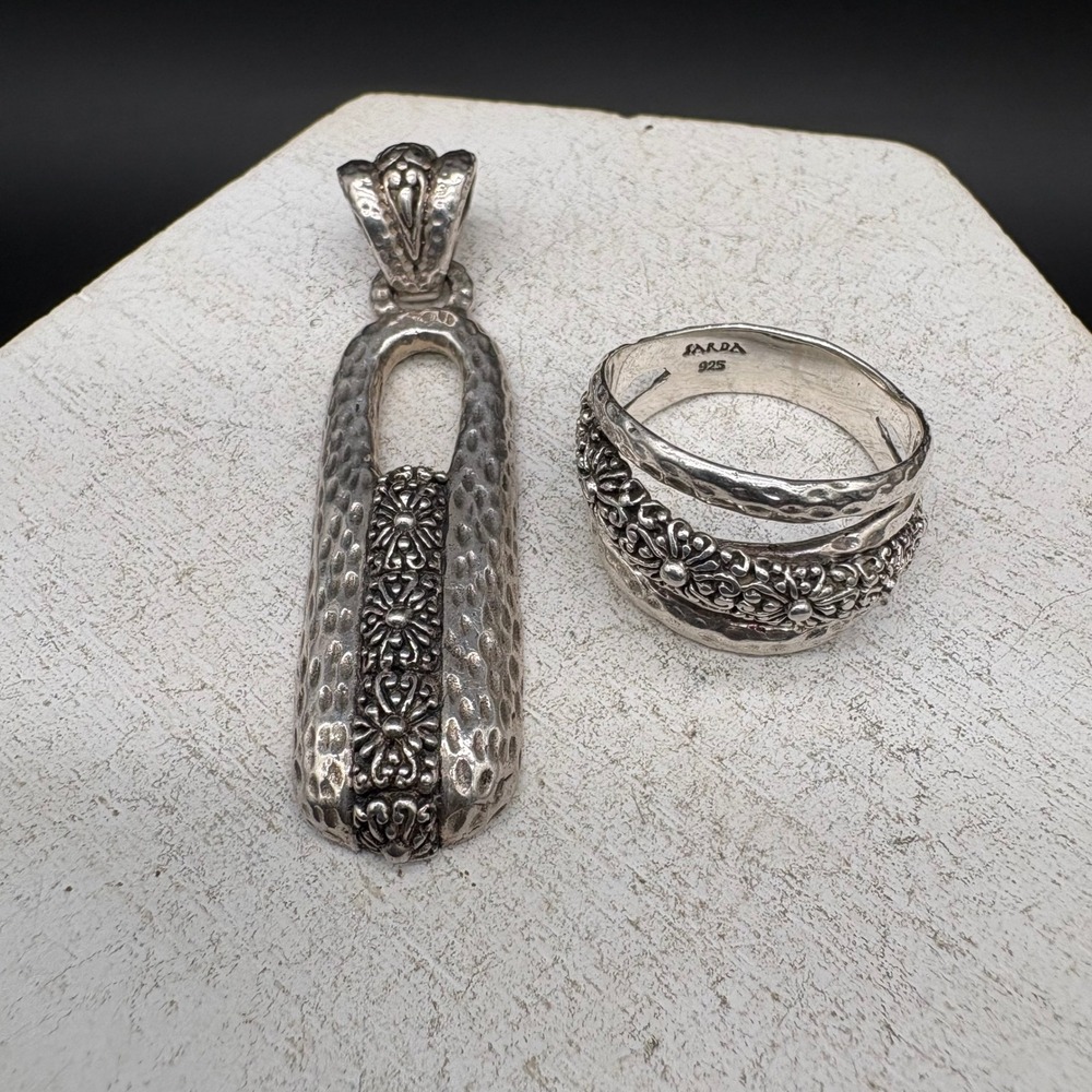 SARDA Ring‎ and Pendant Set Women Size 9 Silver Excellent Hammered Floral Jayan